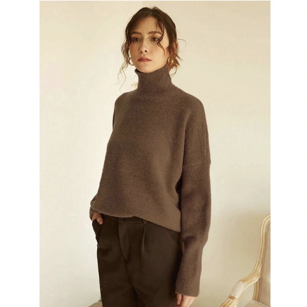 Brown Knit Turtleneck Pullover Sweater Long Sleeve Drop Shoulder